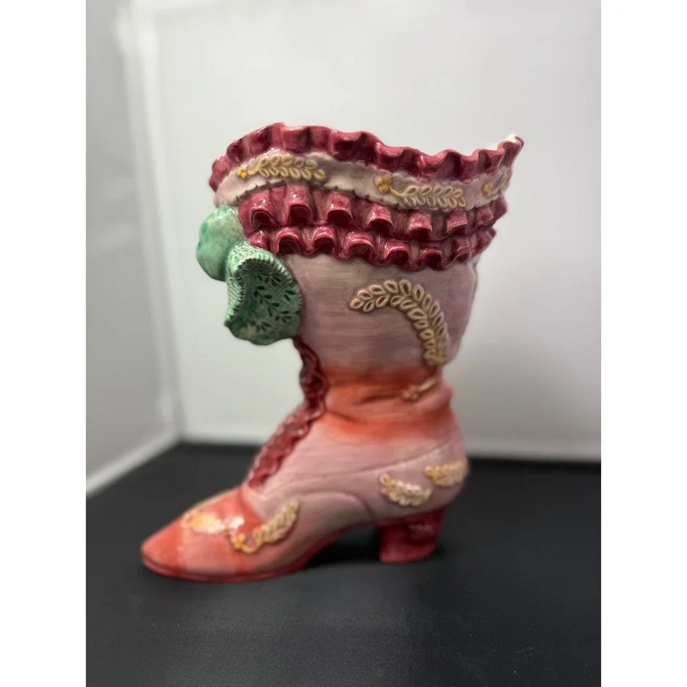 Victorian ceramic Boot Vase Pink‎ Floral Planter Home Decor 8